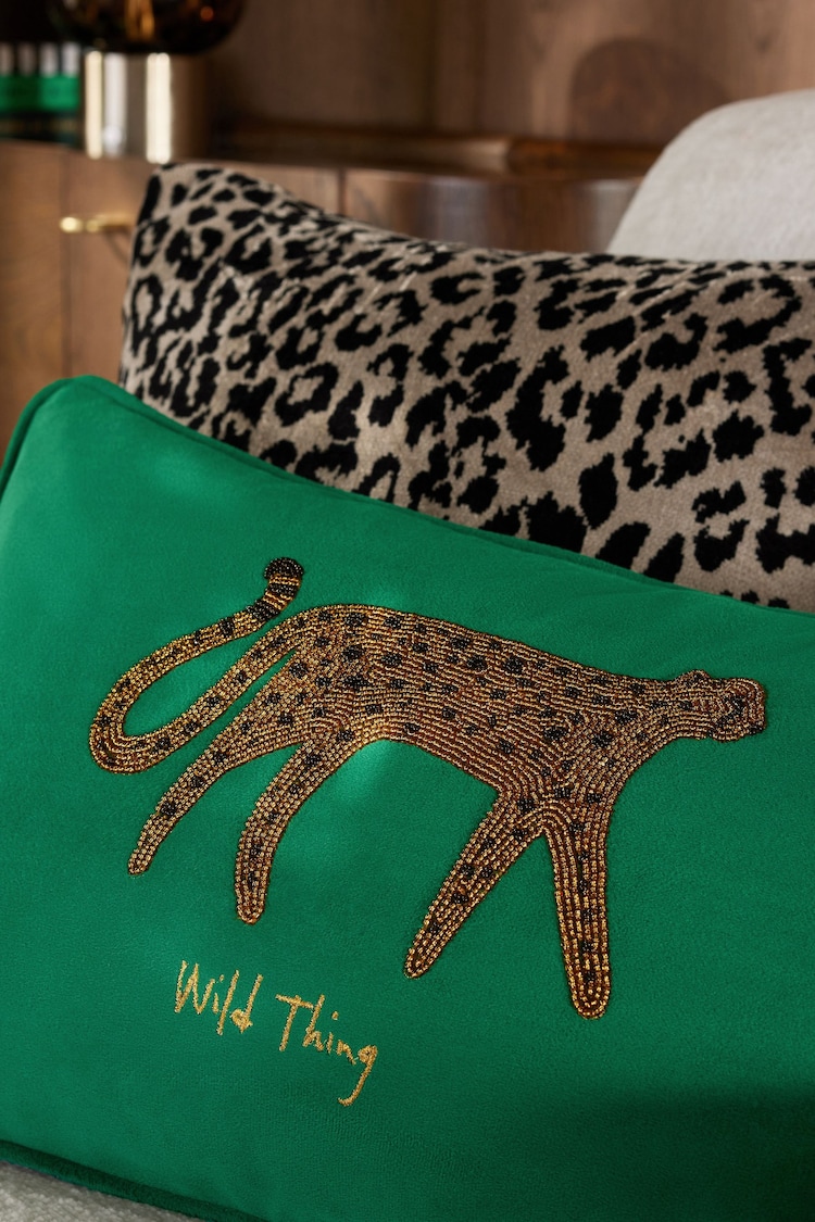 Dark Green Beaded Cheetah Velvet Cushion - Image 2 of 5