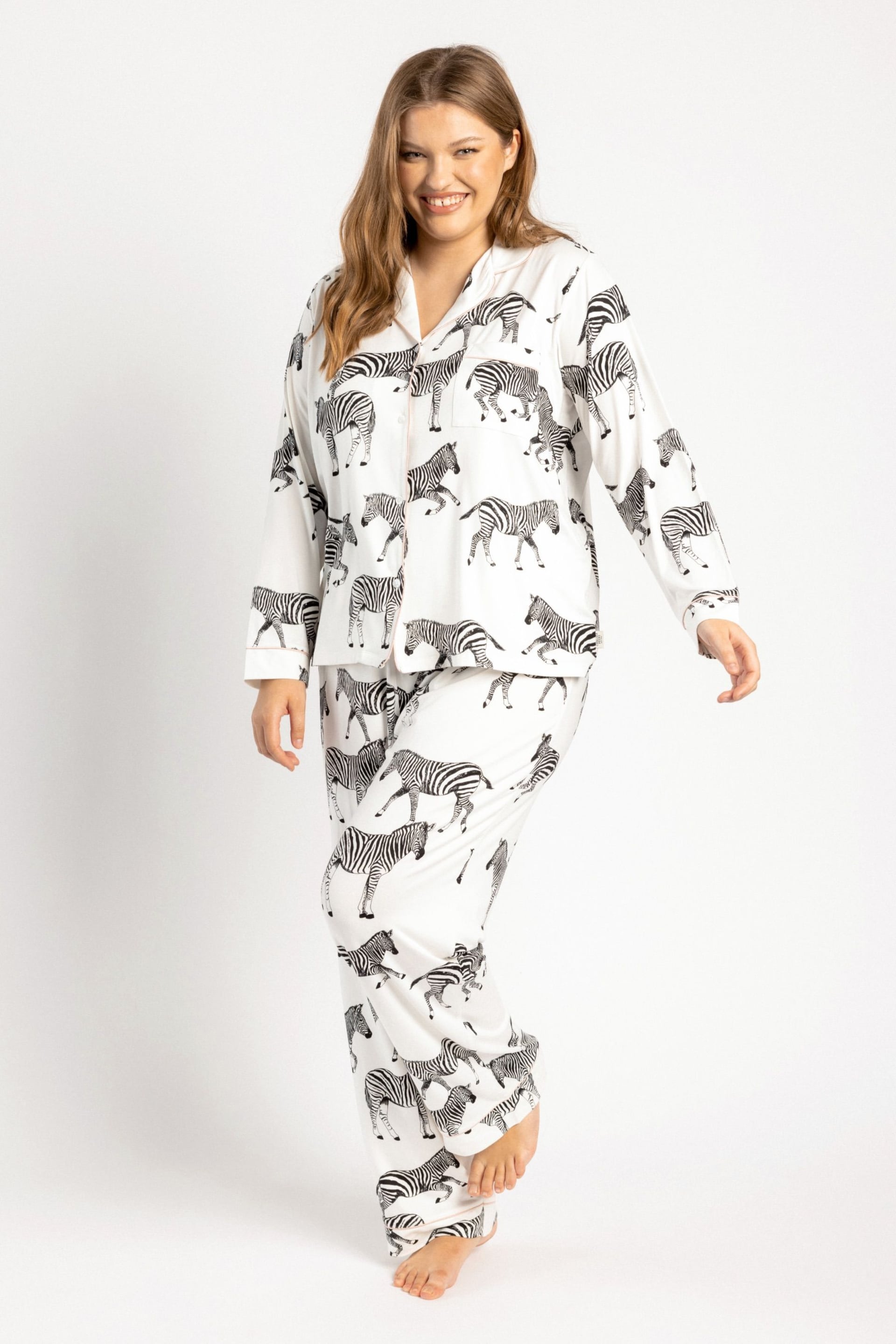 Chelsea Peers Cream Curve Zebra Button Up Pyjamas Set - Image 1 of 6