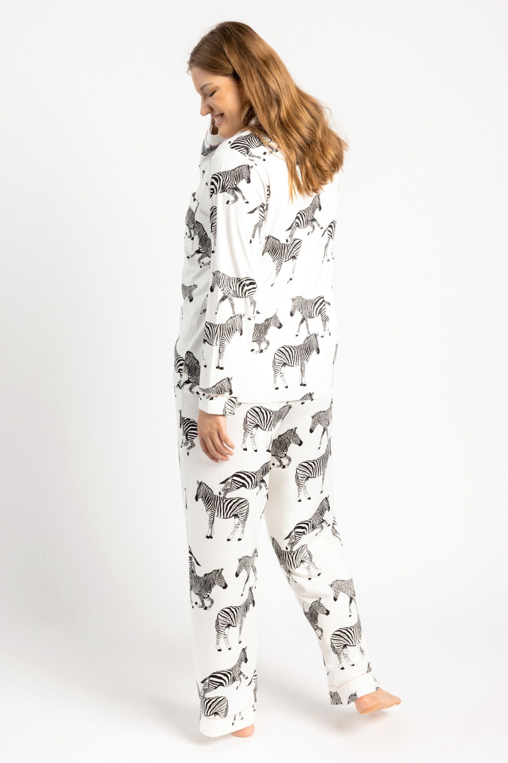 Chelsea Peers Cream Curve Zebra Button Up Pyjamas Set - Image 2 of 6