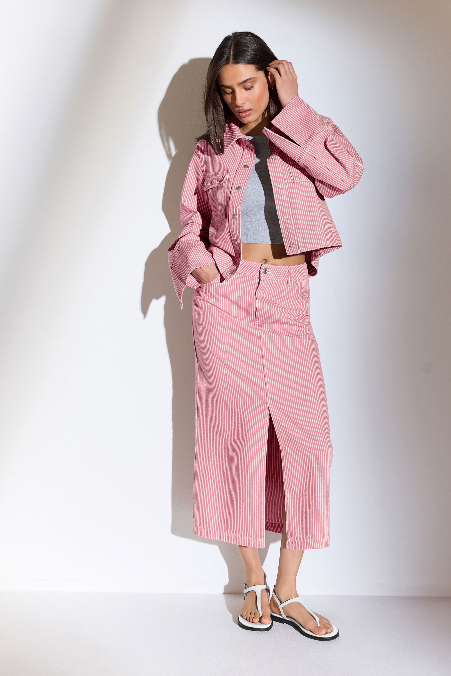 Buy Pink Stripe Boxy 100 Cotton Denim Jacket from the Next UK online shop