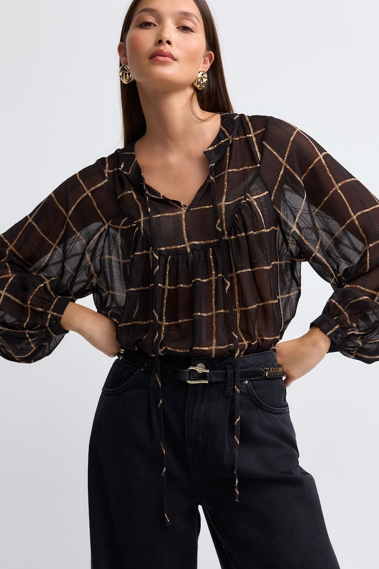 Black/Brown Check Long Sleeve Metallic Tie Neck Blouse - Image 1 of 5