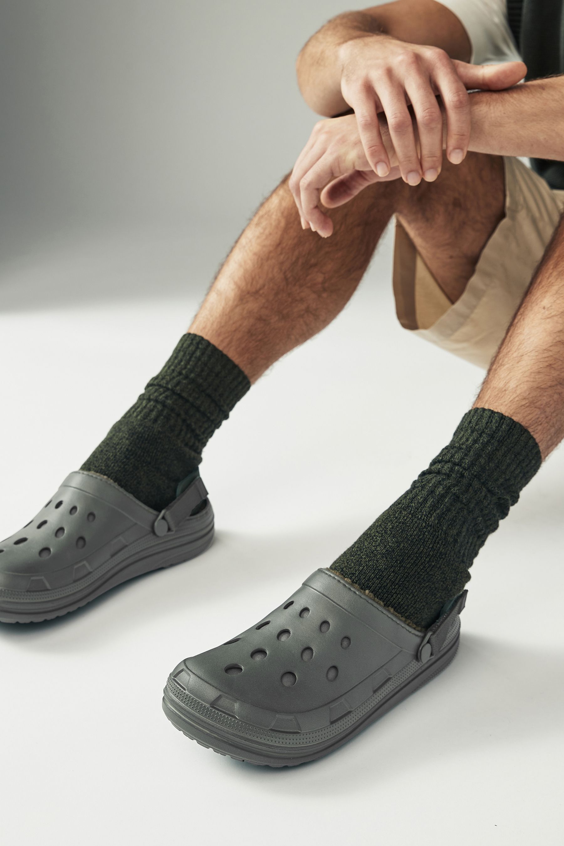 Khaki Green Borg Lined Mules