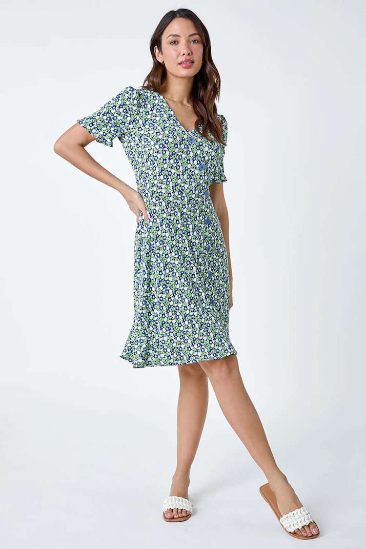 Roman Green Ditsy Floral Side Button Dress - Image 2 of 5