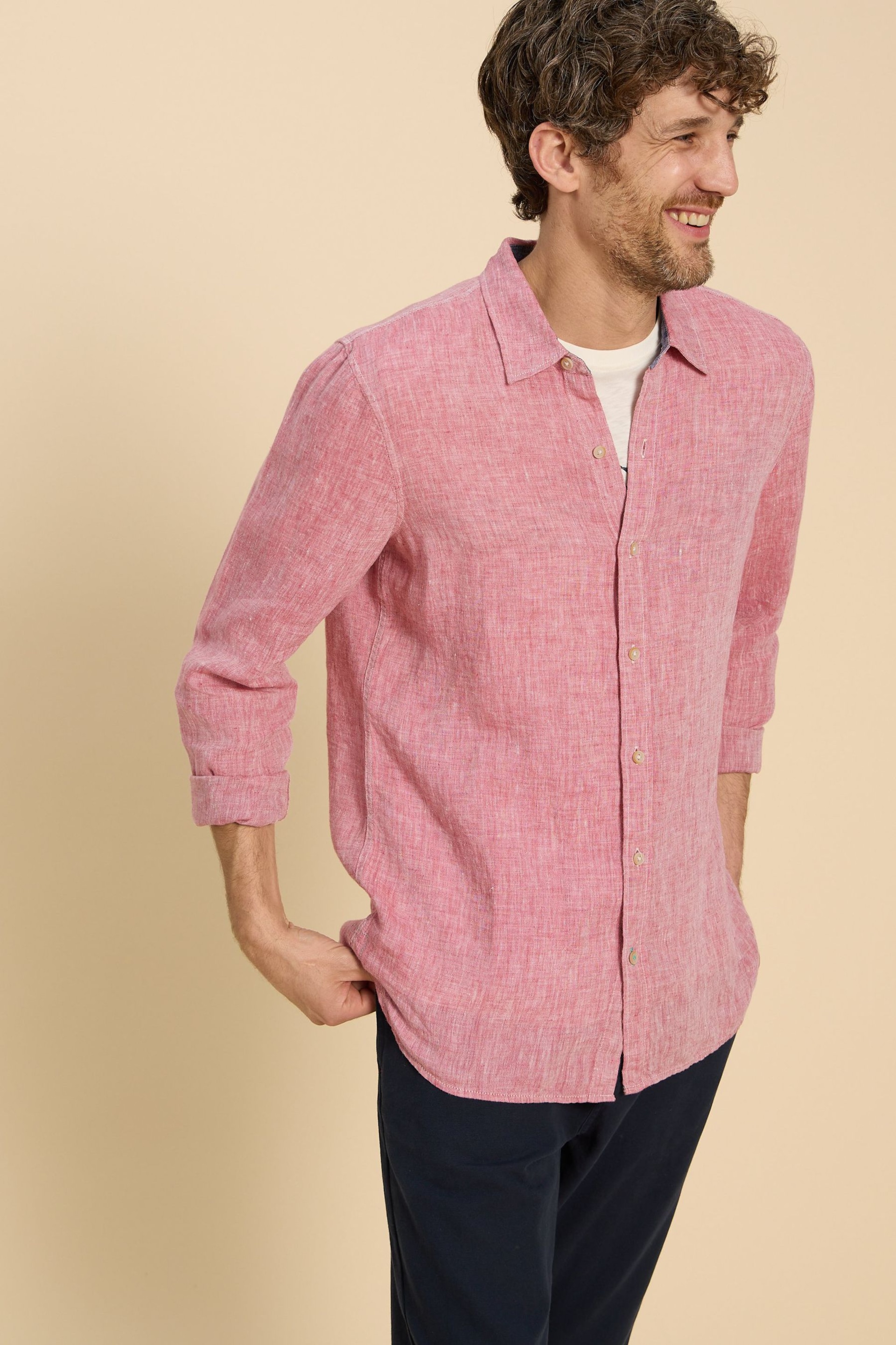 White Stuff Red Pembroke Long Sleeve Linen Shirt - Image 1 of 7