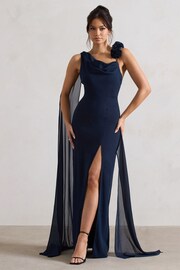 Club L London Navy Blue Angeline Chiffon Draped Split Maxi Dress With Corsages - Image 1 of 5
