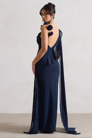 Club L London Navy Blue Angeline Chiffon Draped Split Maxi Dress With Corsages - Image 2 of 5