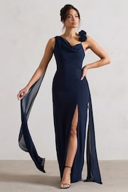 Club L London Navy Blue Angeline Chiffon Draped Split Maxi Dress With Corsages - Image 3 of 5