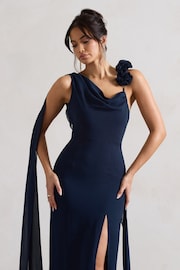 Club L London Navy Blue Angeline Chiffon Draped Split Maxi Dress With Corsages - Image 4 of 5