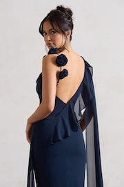 Club L London Navy Blue Angeline Chiffon Draped Split Maxi Dress With Corsages - Image 5 of 5