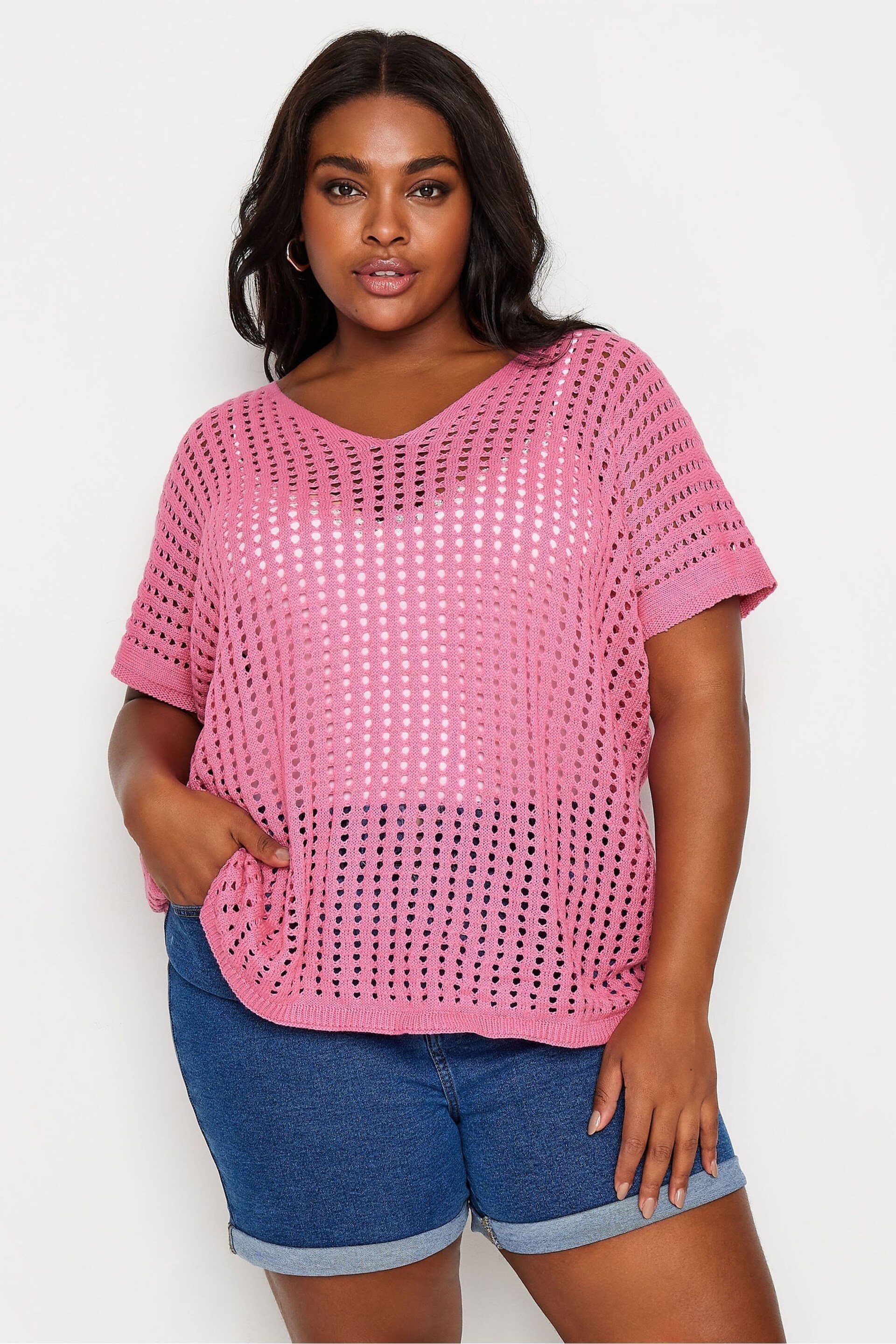 Pink YOURS Curve Pink Boxy Crochet Top - Image 1 of 5