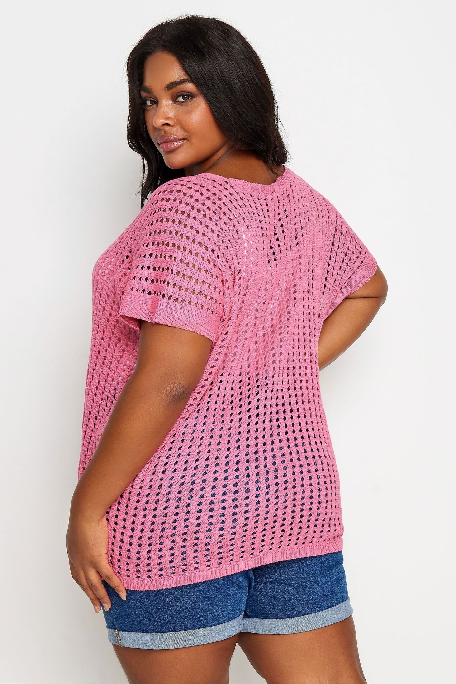 Pink YOURS Curve Pink Boxy Crochet Top - Image 3 of 5