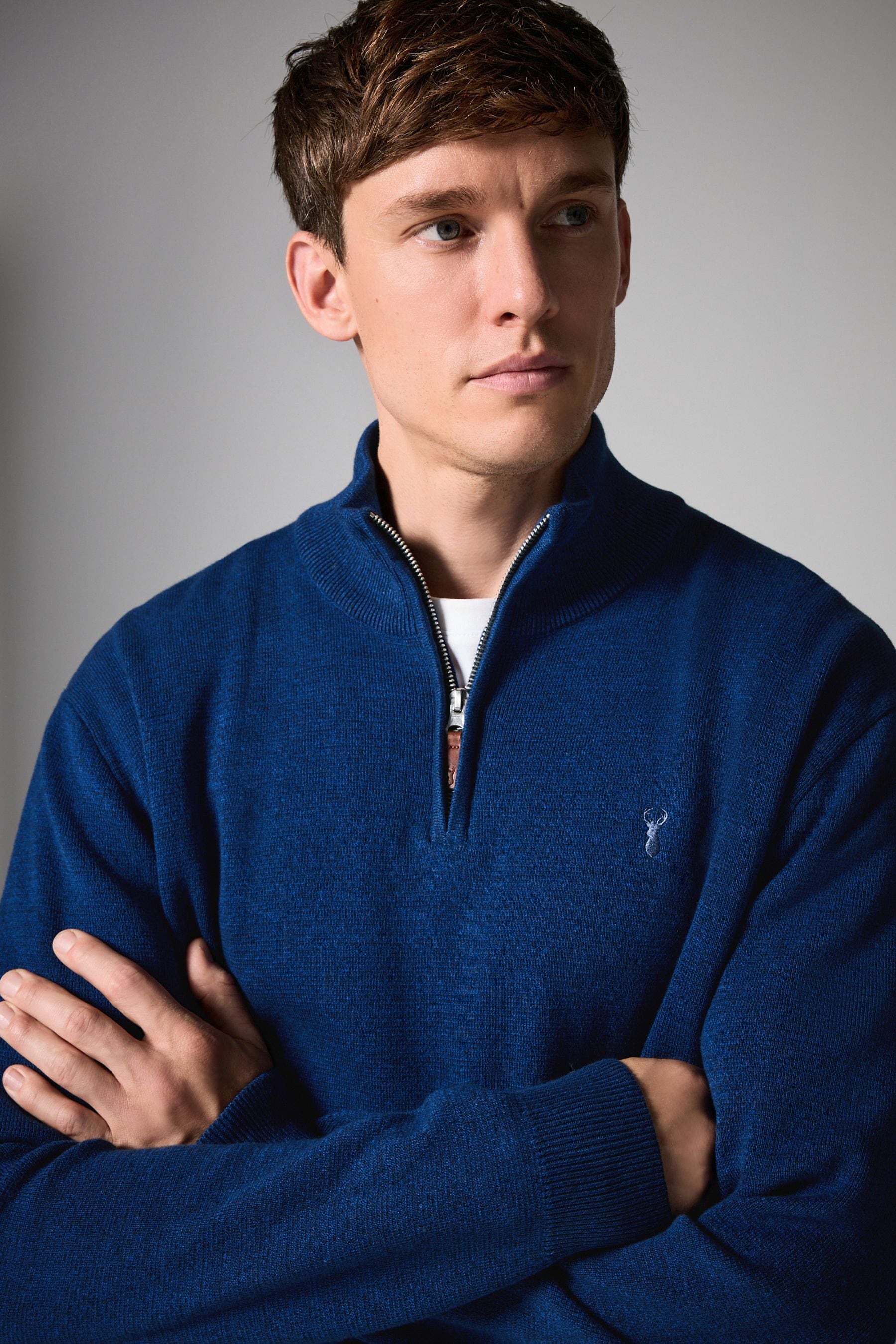 Cobalt Blue Stag Plain Regular Fit 100 Cotton Premium Quarter Zip Jumper