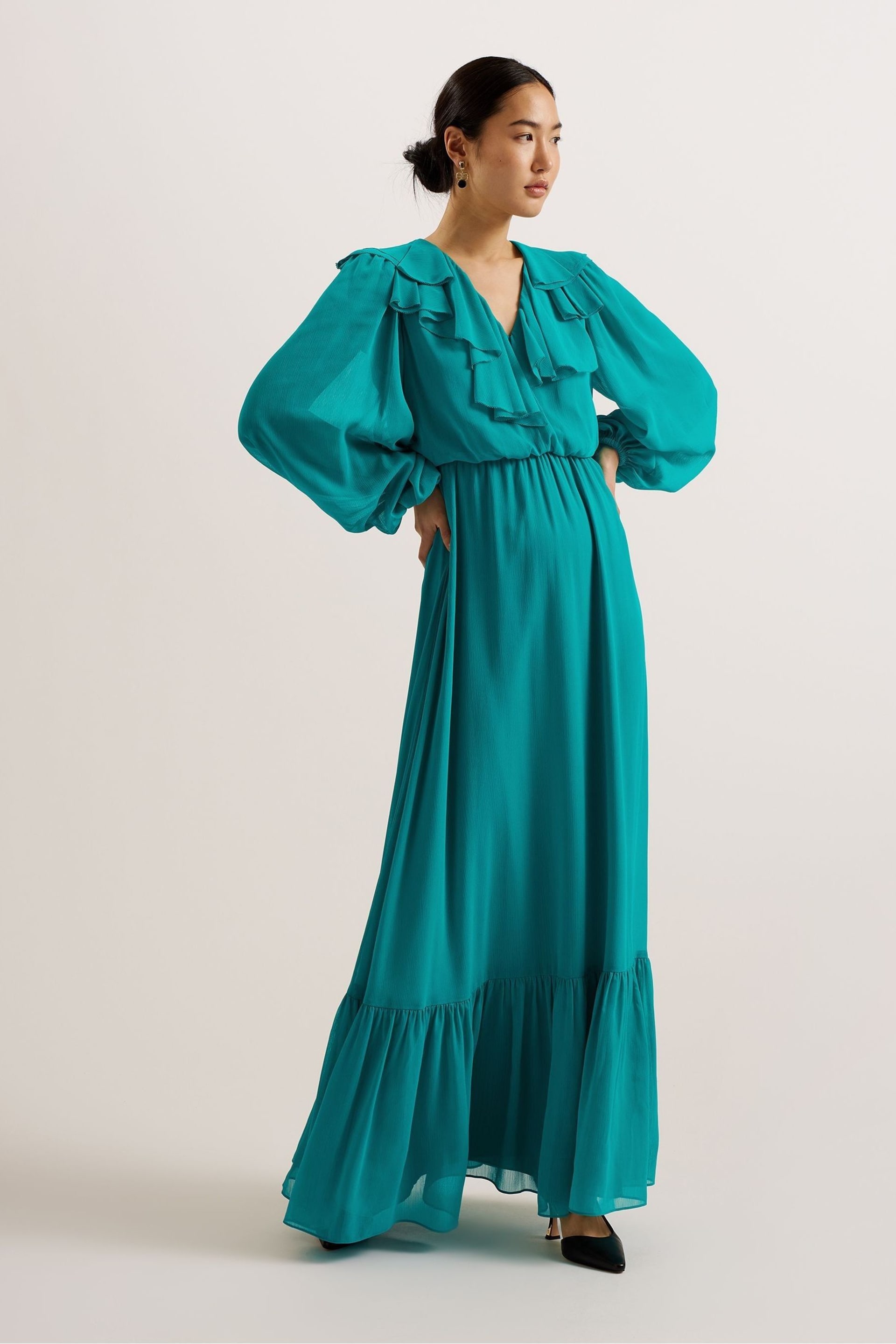 Ted Baker Green Keina Long Sleeve Maxi Dress With Ruffles - Image 1 of 6