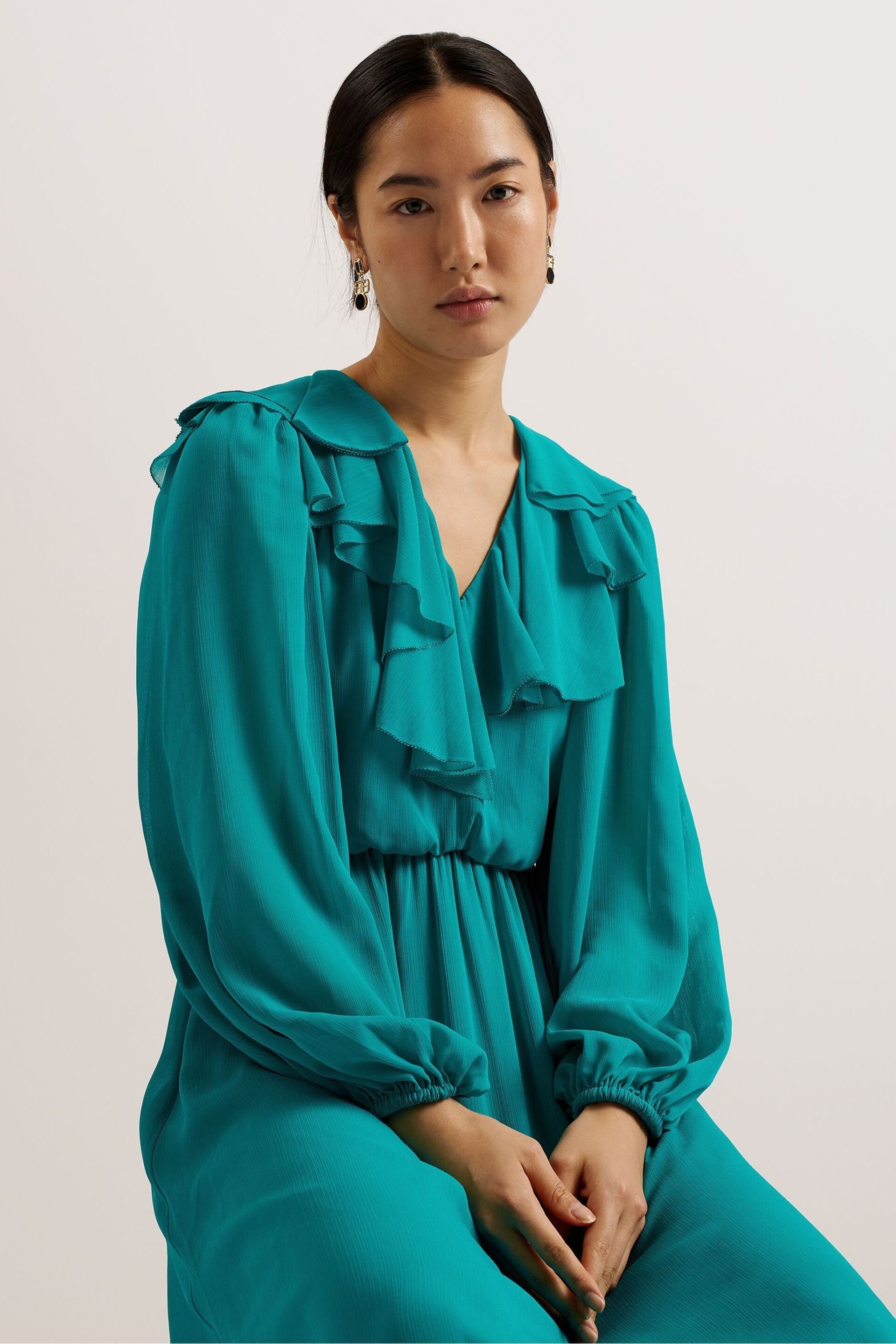 Ted Baker Green Keina Long Sleeve Maxi Dress With Ruffles - Image 2 of 6