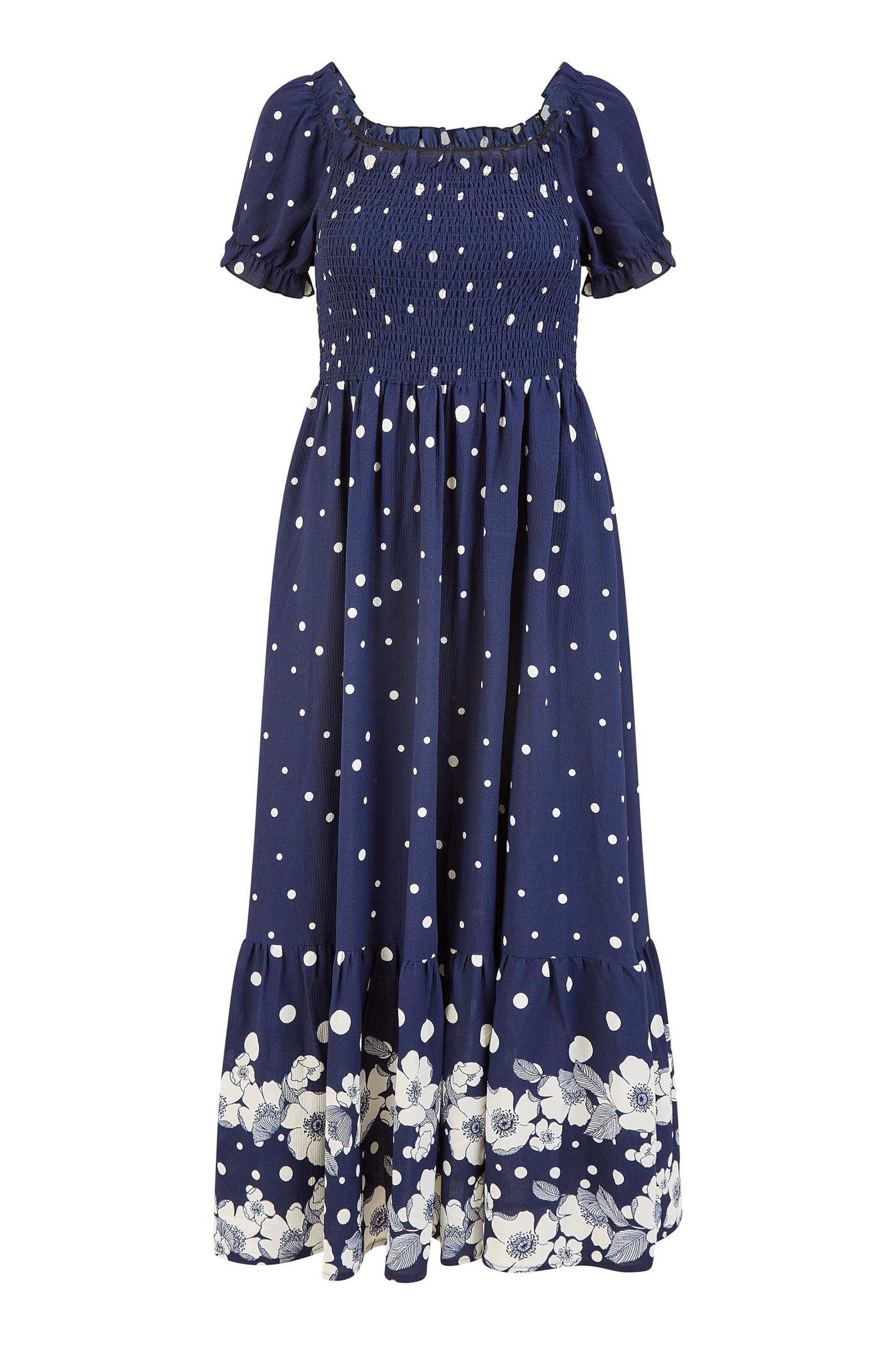 Mela Blue Spot And Floral Print Border Ruched Midi Dress - Image 4 of 4