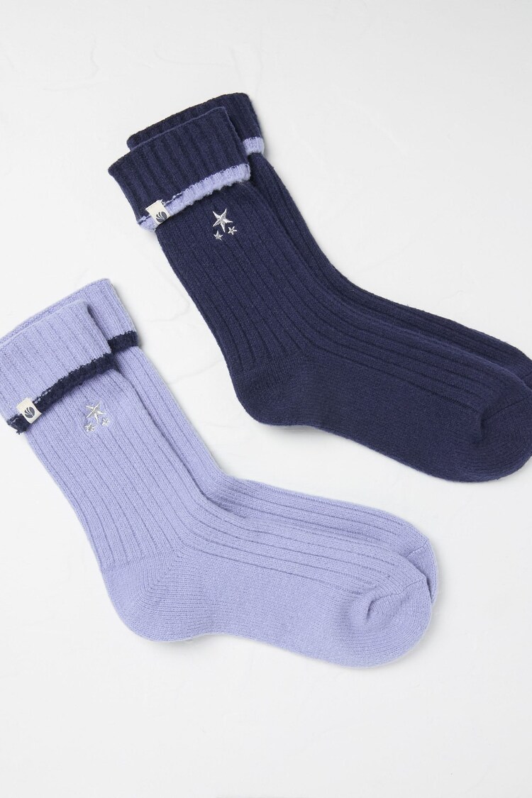 FatFace Blue 2 Pairs of Star Embroidered Cosy Socks - Image 1 of 2