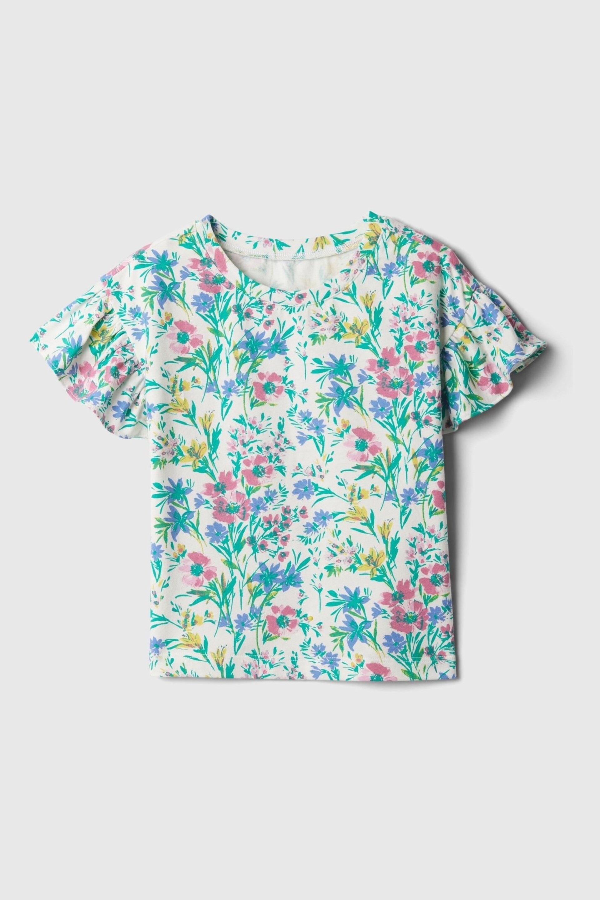 Gap White, Blue & Pink Floral Print Short Flutter Sleeve Crew Neck T-Shirt (3mths-5yrs) - Image 1 of 2