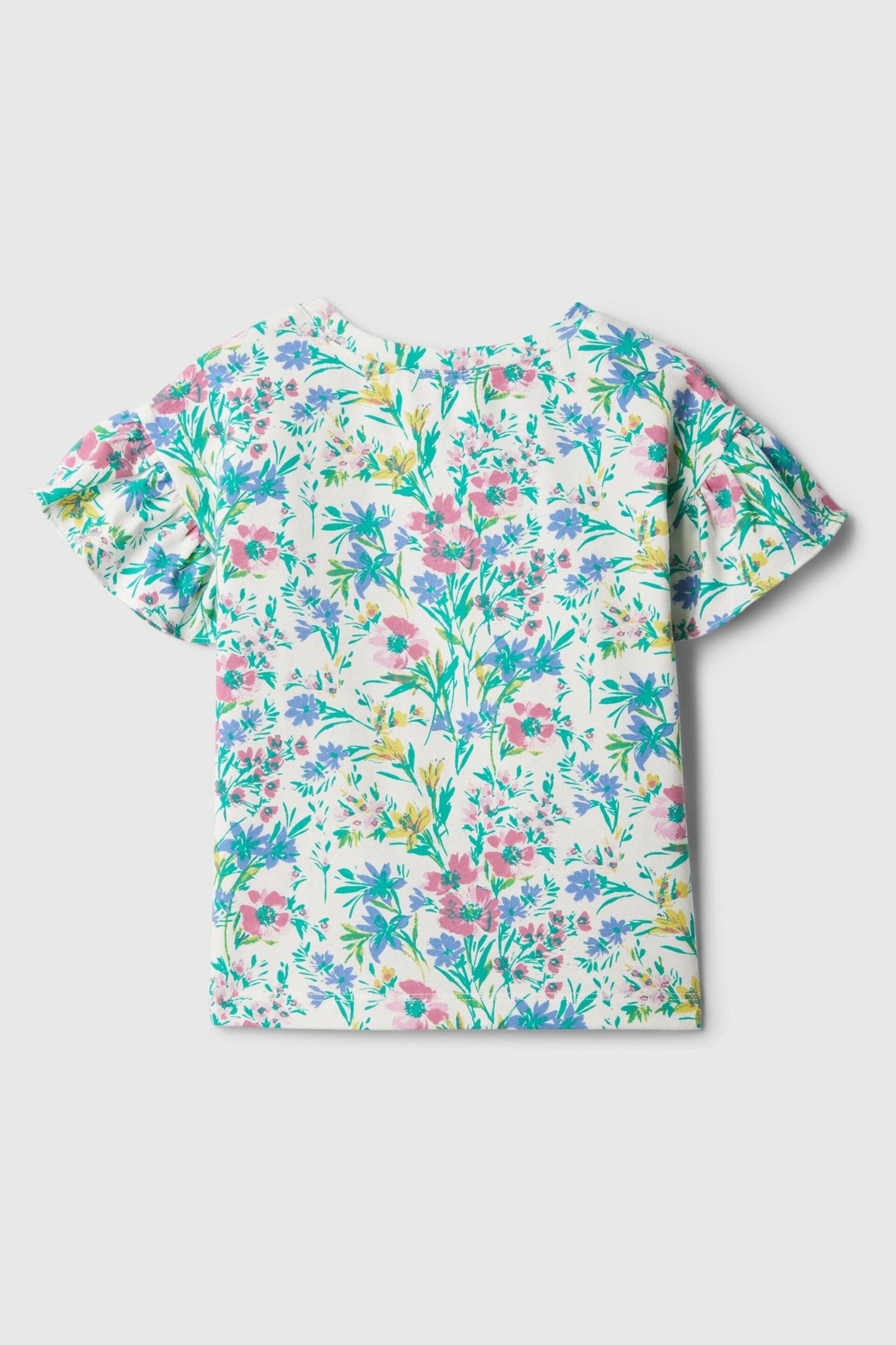 Gap White, Blue & Pink Floral Print Short Flutter Sleeve Crew Neck T-Shirt (3mths-5yrs) - Image 2 of 2