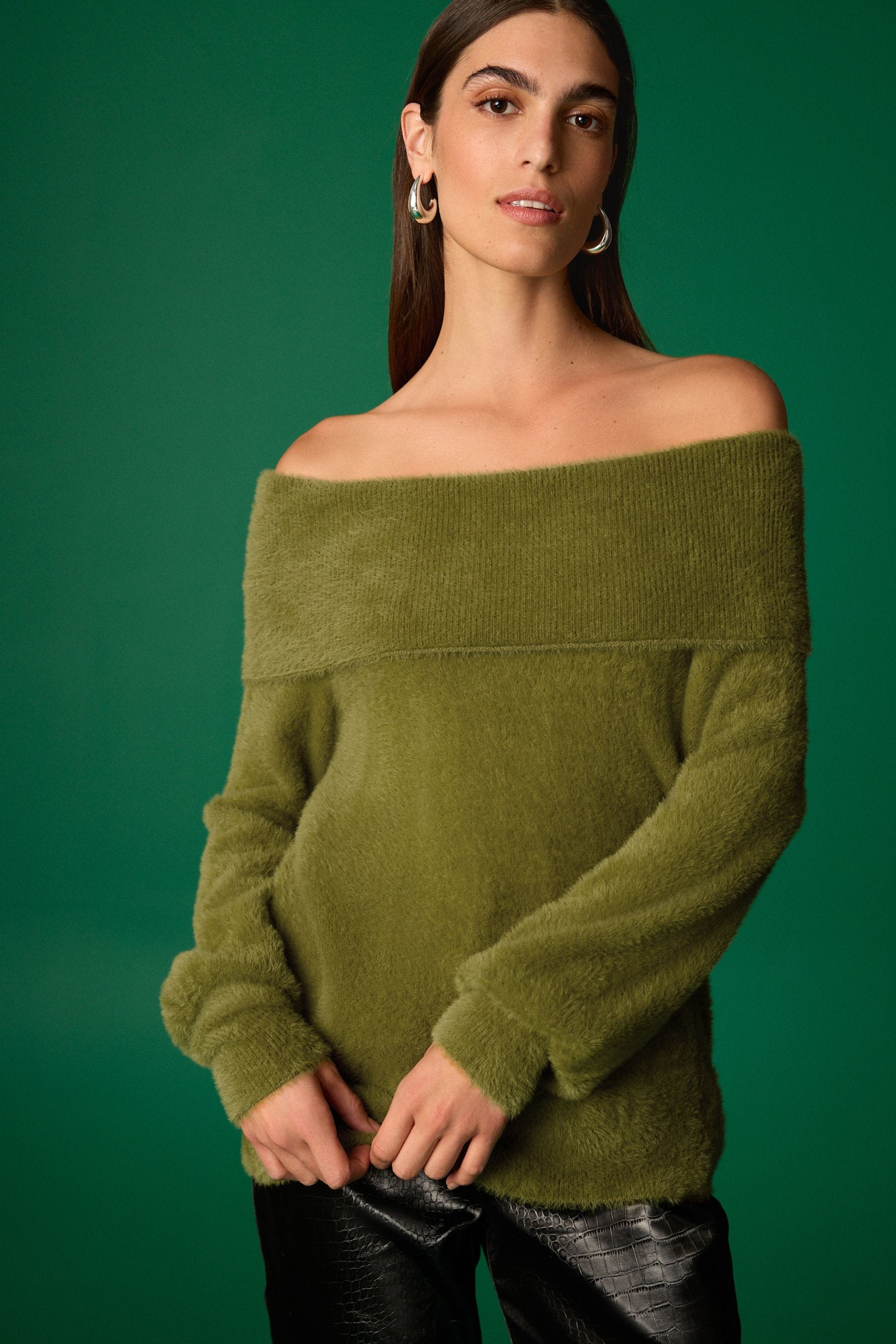 Buy Olive Green Fluffy Off Shoulder Bardot Jumper from Next Gibraltar