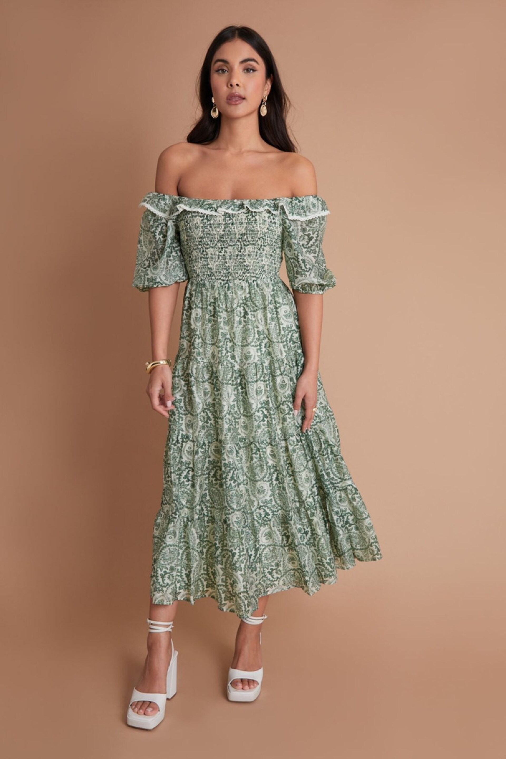 Another Sunday Green Bardot Milkmaid Lace Trim Detail Midi Tiered Dress - Image 1 of 3