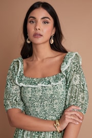 Another Sunday Green Bardot Milkmaid Lace Trim Detail Midi Tiered Dress - Image 2 of 3