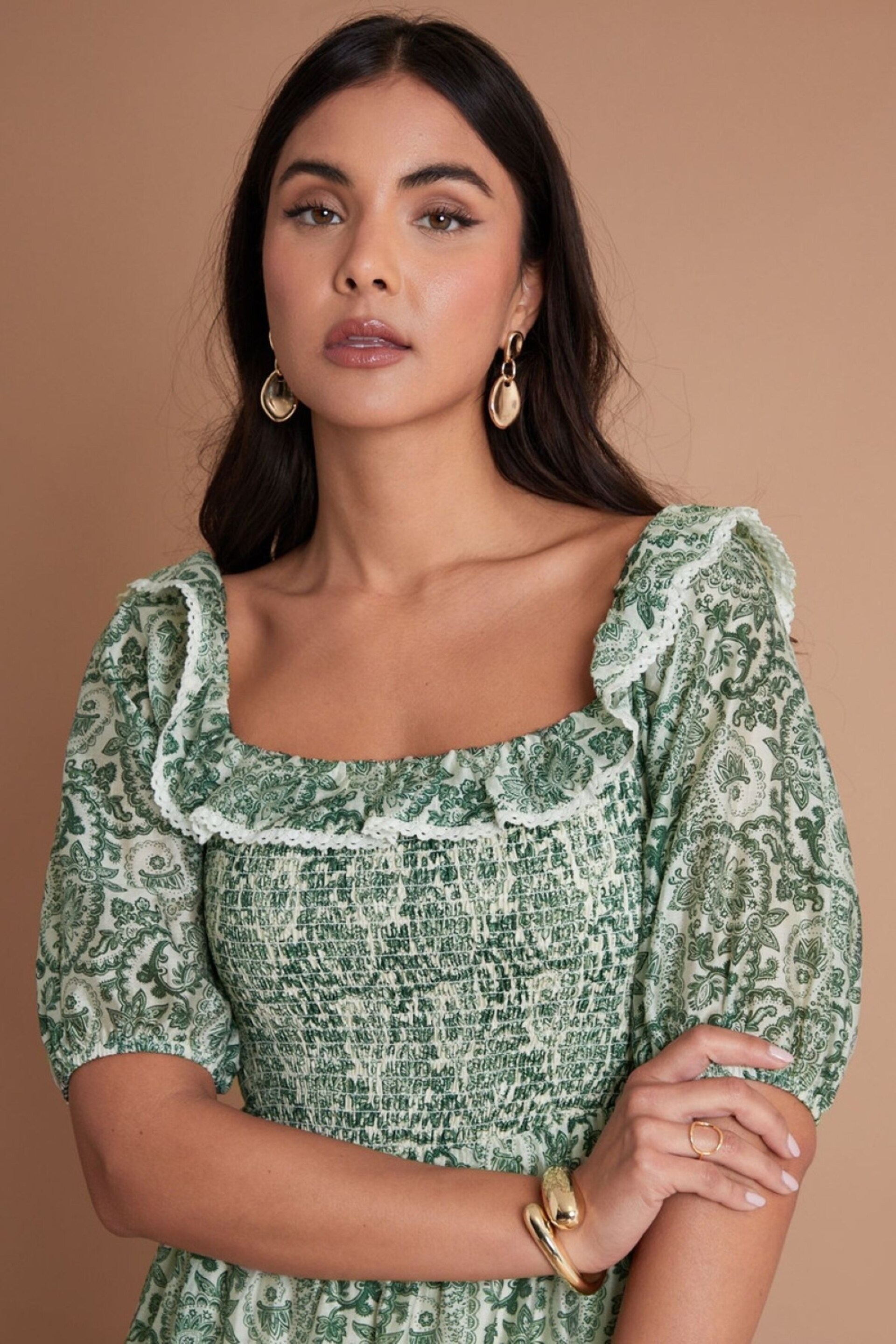 Another Sunday Green Bardot Milkmaid Lace Trim Detail Midi Tiered Dress - Image 2 of 3