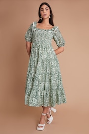 Another Sunday Green Bardot Milkmaid Lace Trim Detail Midi Tiered Dress - Image 3 of 3