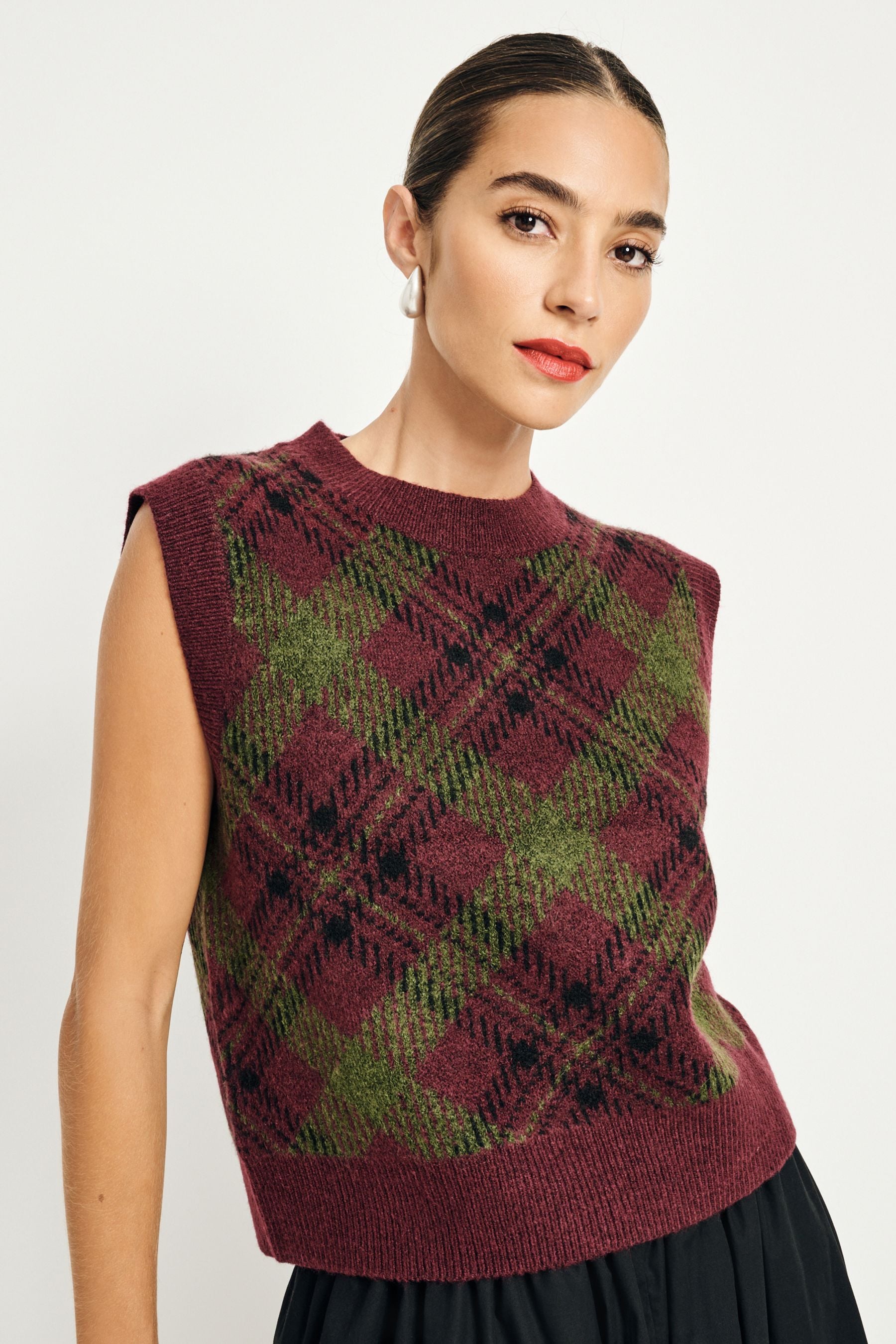 Buy Burgundy Olive Tartan Sleeveless Crew Neck Knitted Jumper Tank Vest Top with Wool Next Ukraine