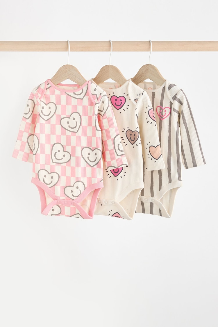 Pink Happy Heart Baby Bodysuits 3 Pack - Image 1 of 11