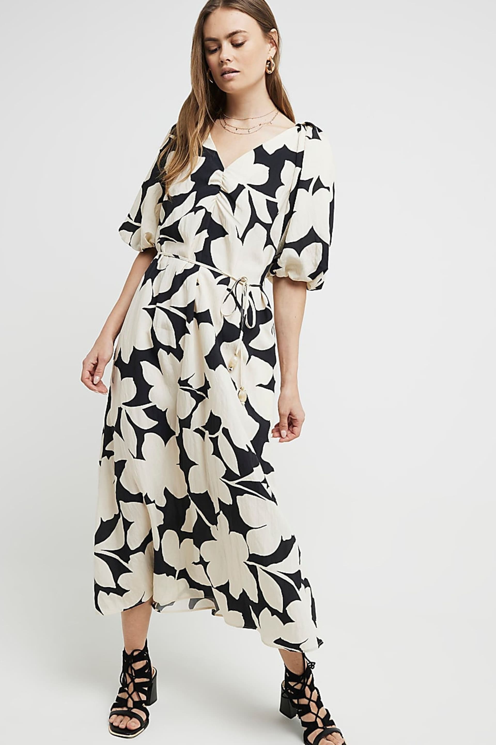 River Island Black Puff Sleeve Belted Dress - Image 1 of 7