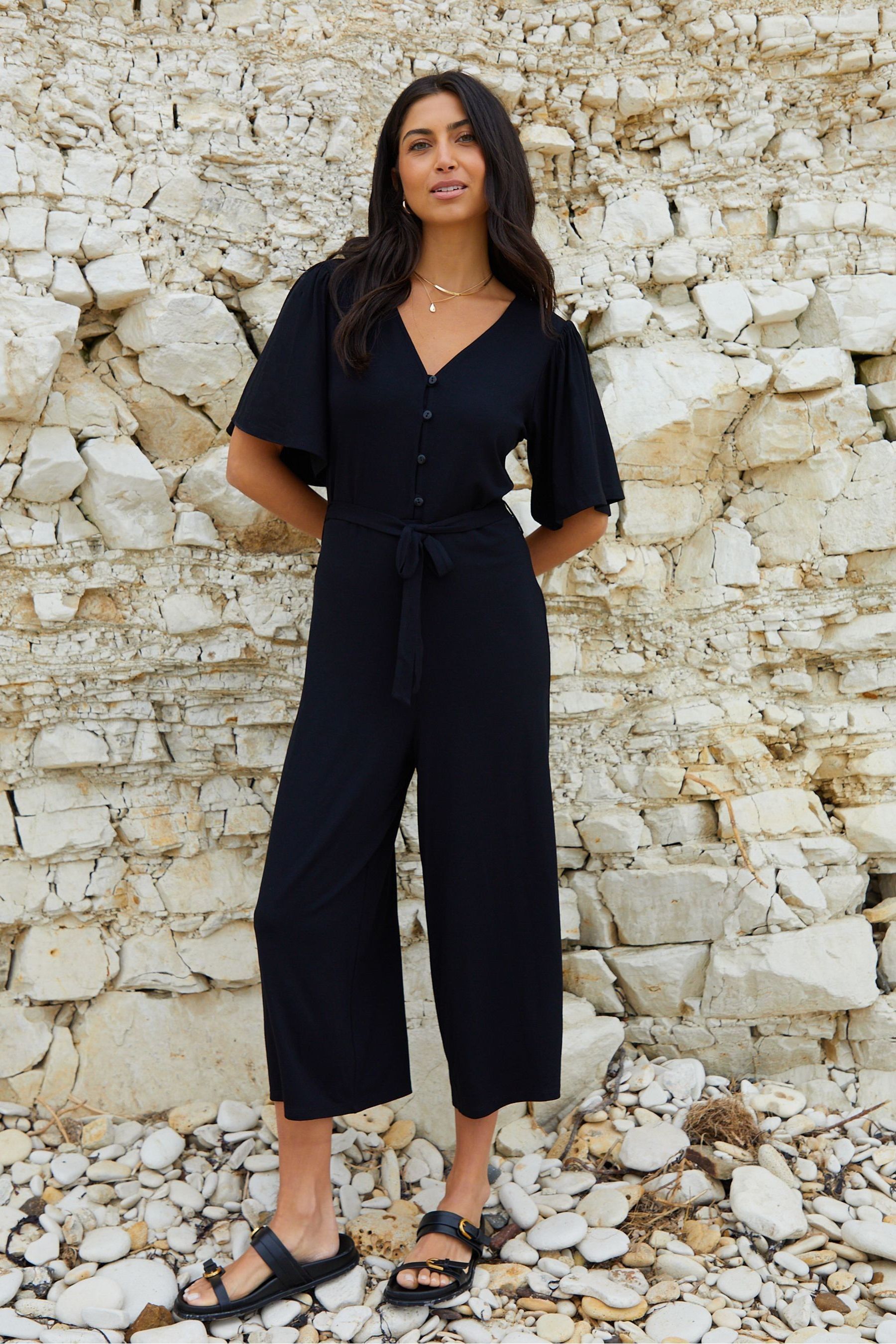 Threadbare Black Jersey Flutter Sleeve Belted Jumpsuit