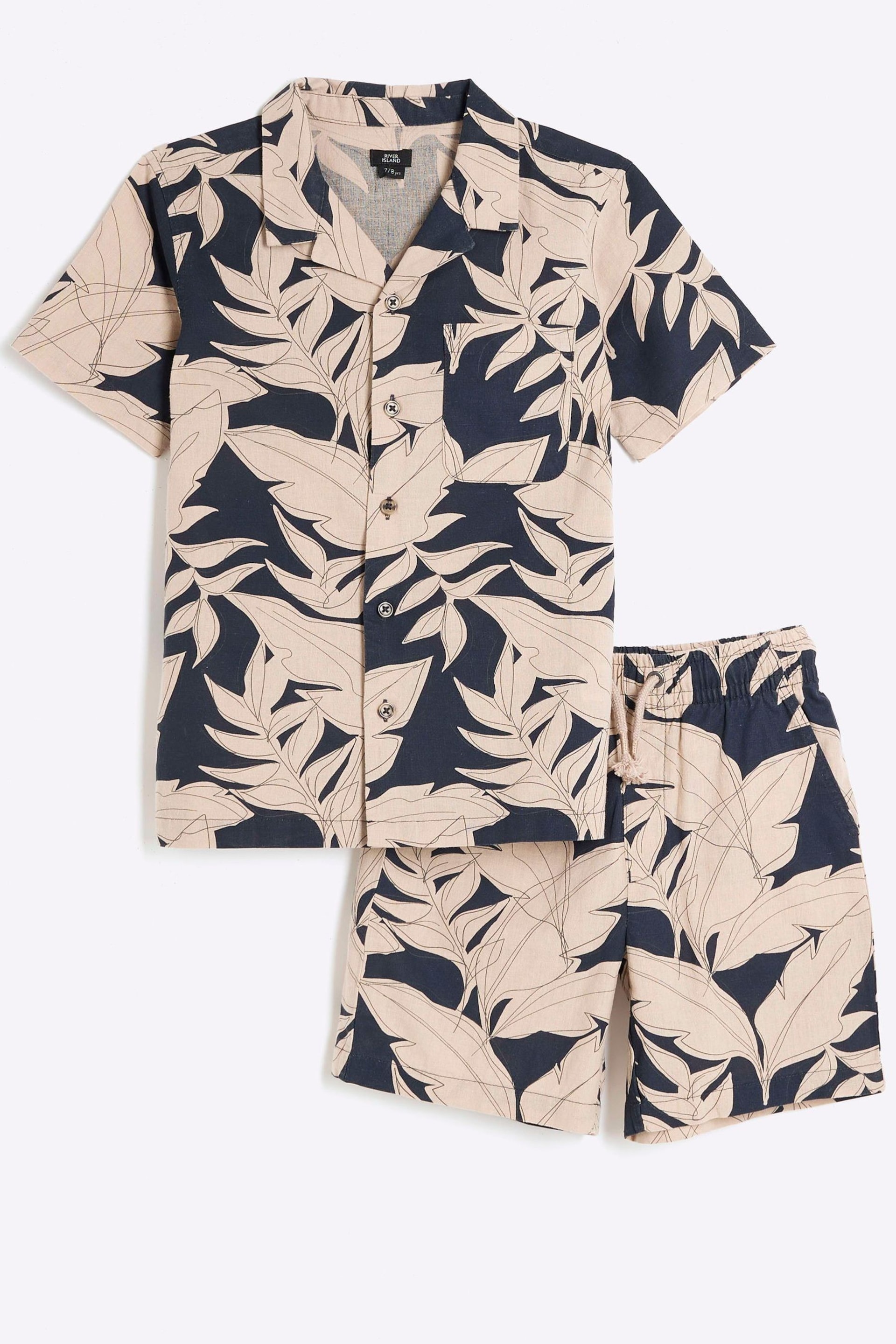 River Island Black Boys Leaf Print Shirt and Shorts Set - Image 1 of 4