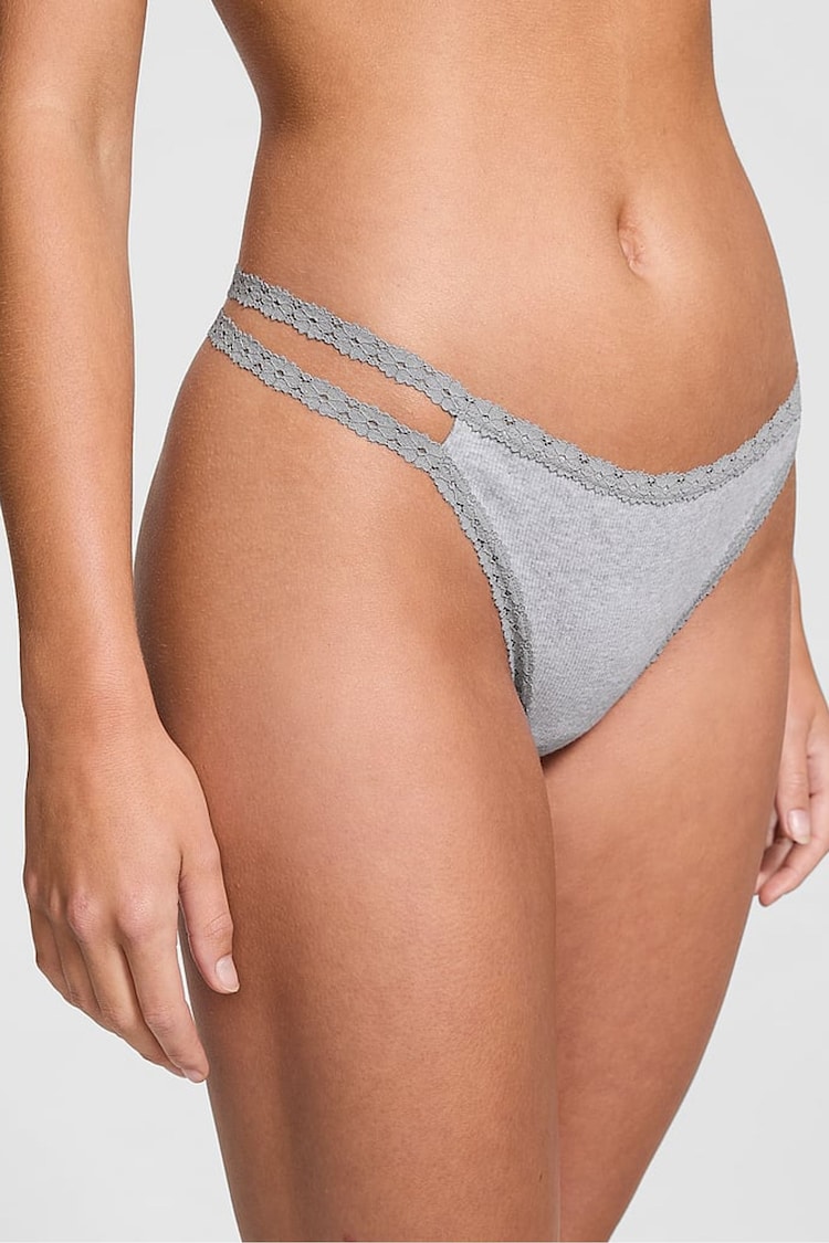 Victoria's Secret PINK Medium Heather Grey Lace Trim Rib Strappy Thong Knickers - Image 1 of 3