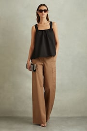 Reiss Black Corey Cotton Ruched Strap Top - Image 1 of 5
