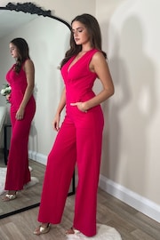 Girl In Mind Pink Mable Twist Front Wide Leg Jumpsuit - Image 3 of 4