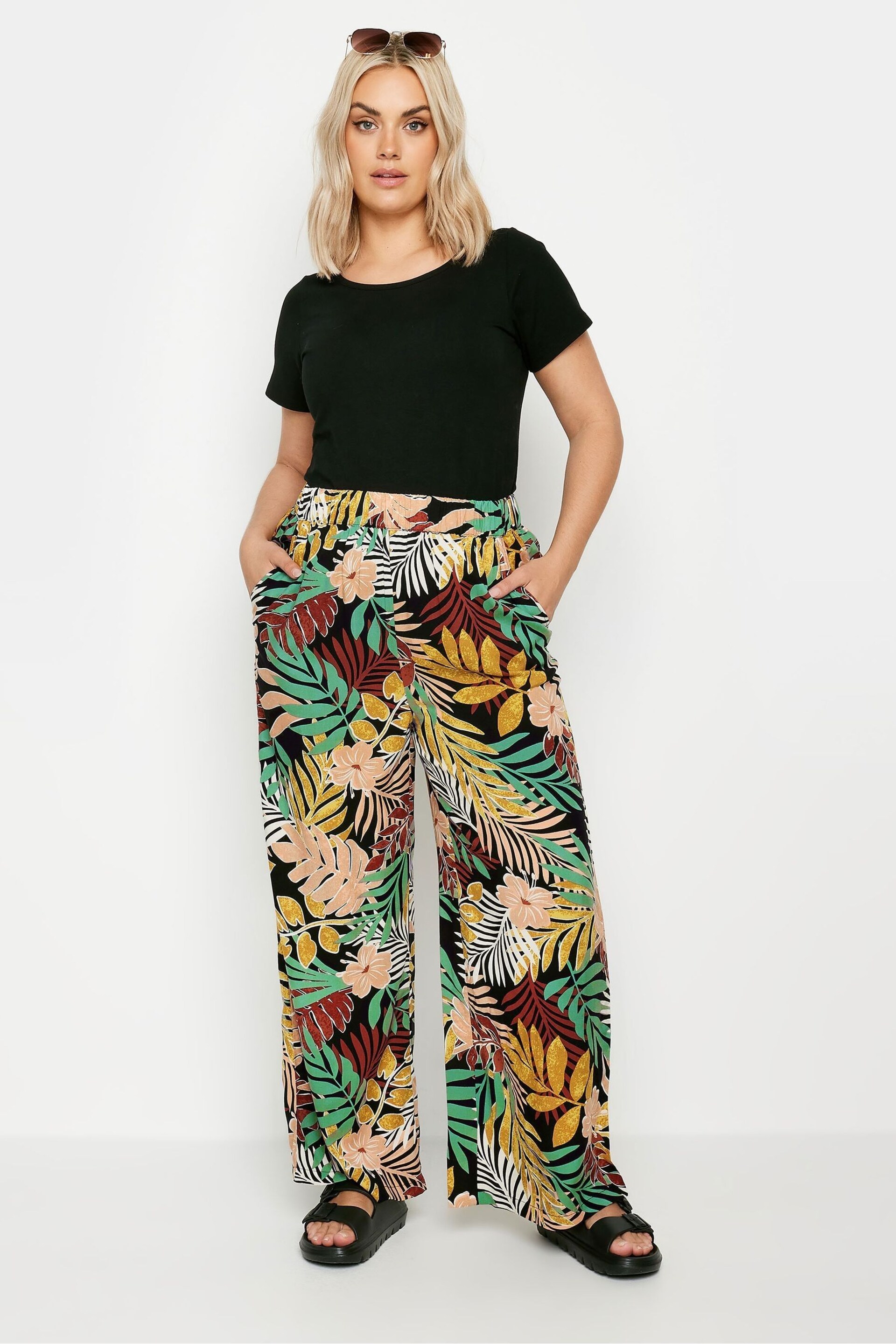 Yours Curve Black Tropical Print Wide Leg Trousers - Image 3 of 6