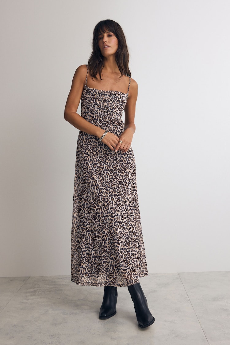 Leopard Print Animal Mesh Cowl Neck Midi Cami Dress - Image 1 of 7