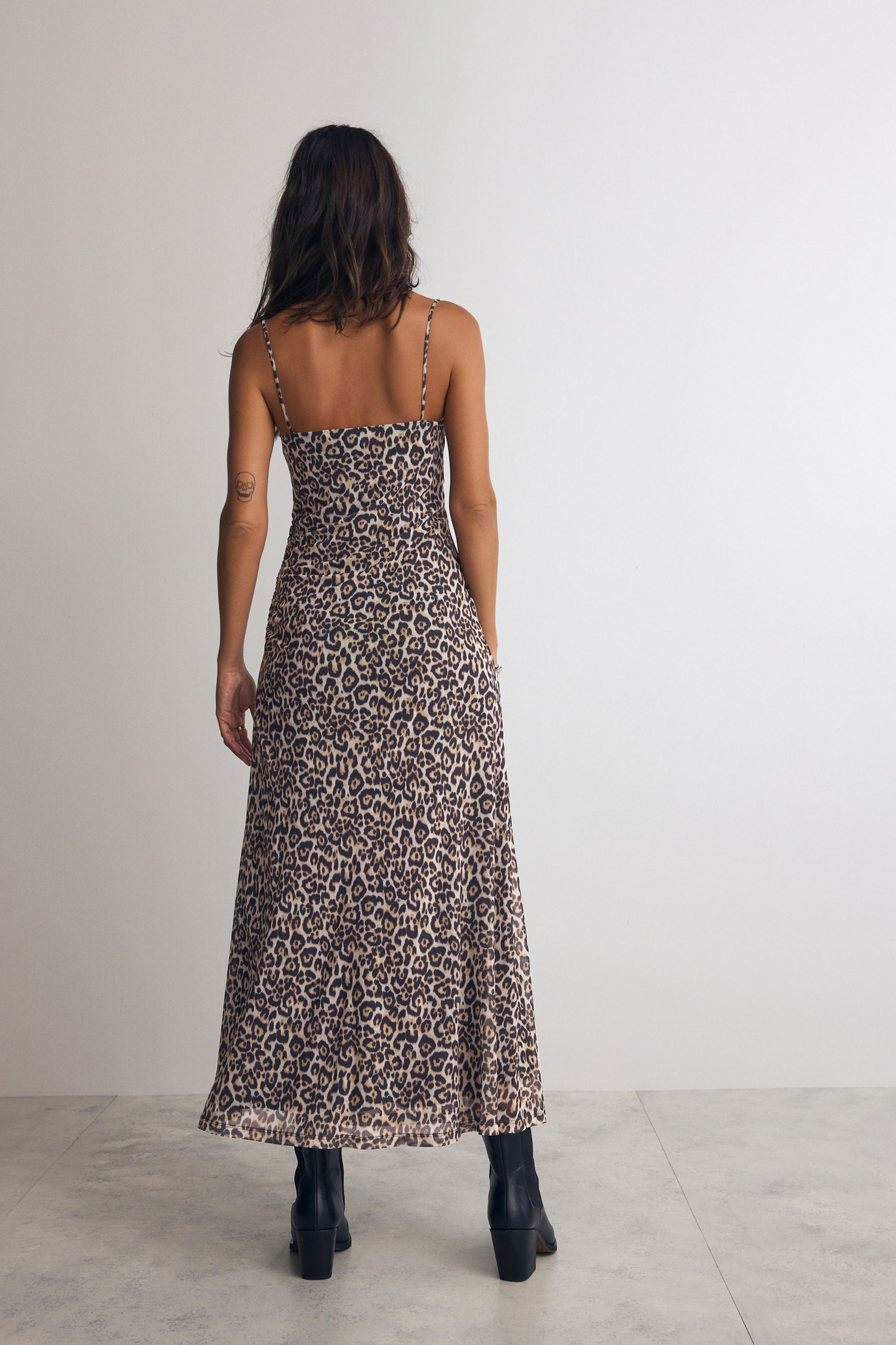 Leopard Print Animal Mesh Cowl Neck Midi Cami Dress