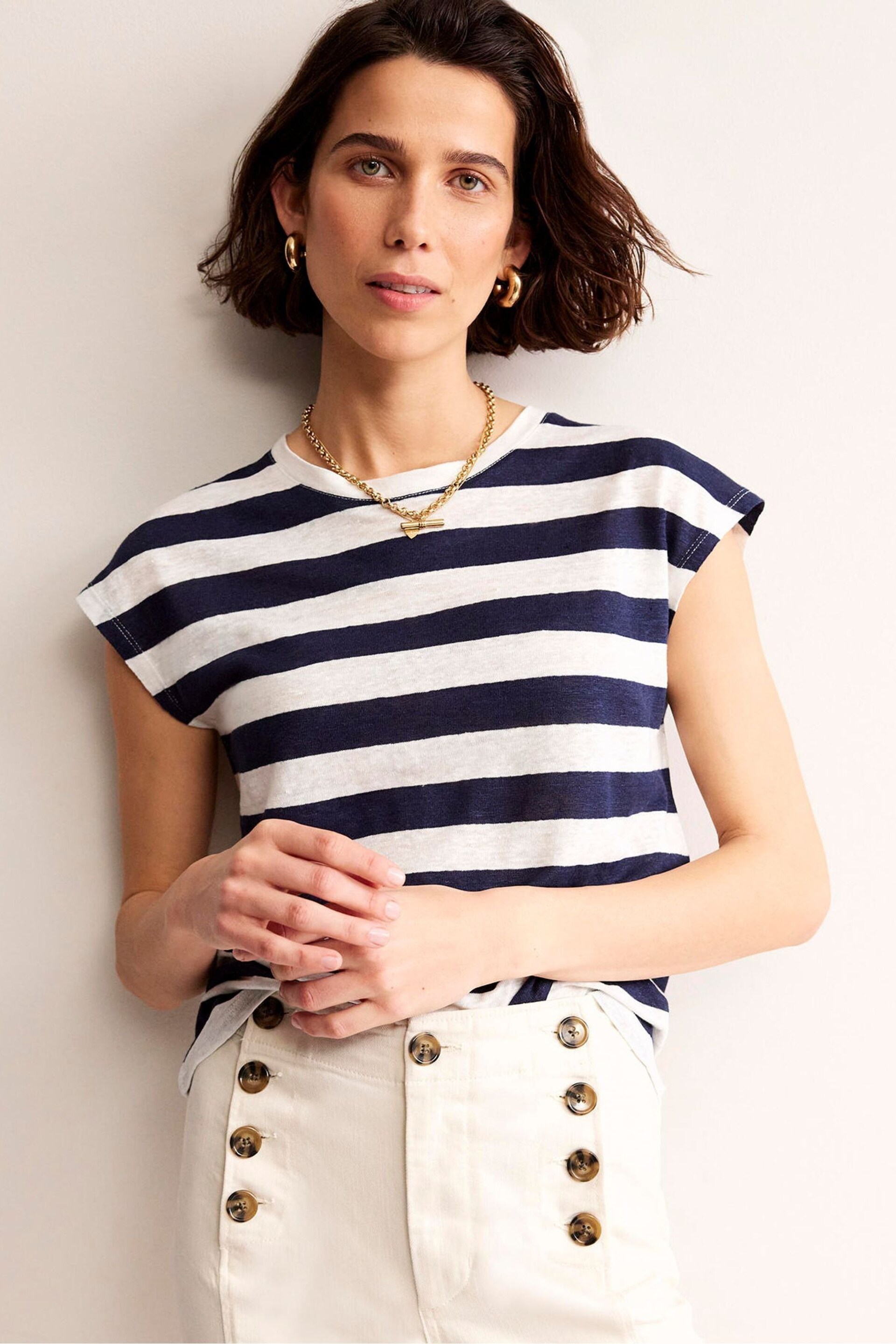 Boden Cream Louisa Crew Neck Linen T-Shirt - Image 1 of 5