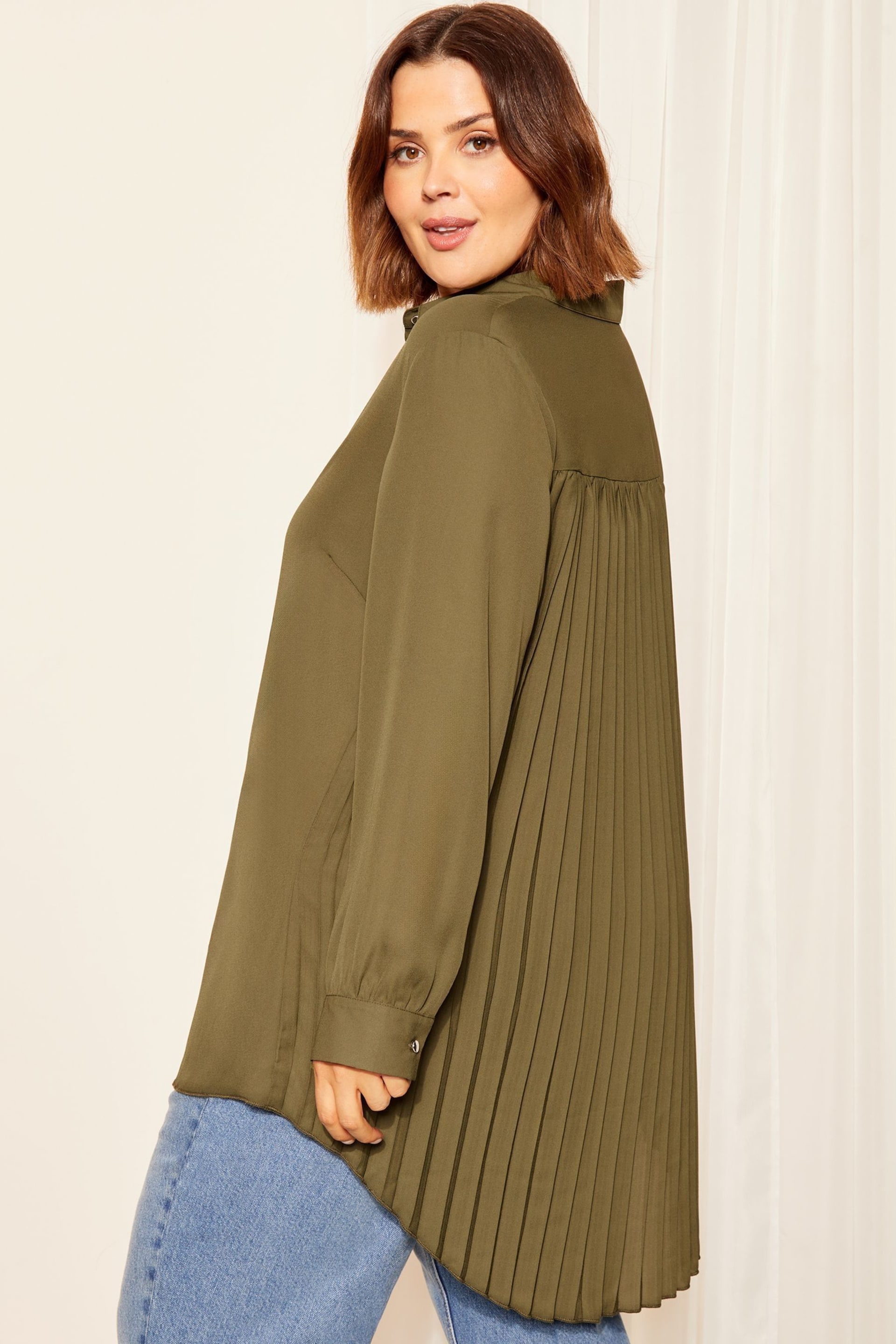 Curves Like These Khaki Green Pleated Back Button Through Shirt - Image 1 of 4