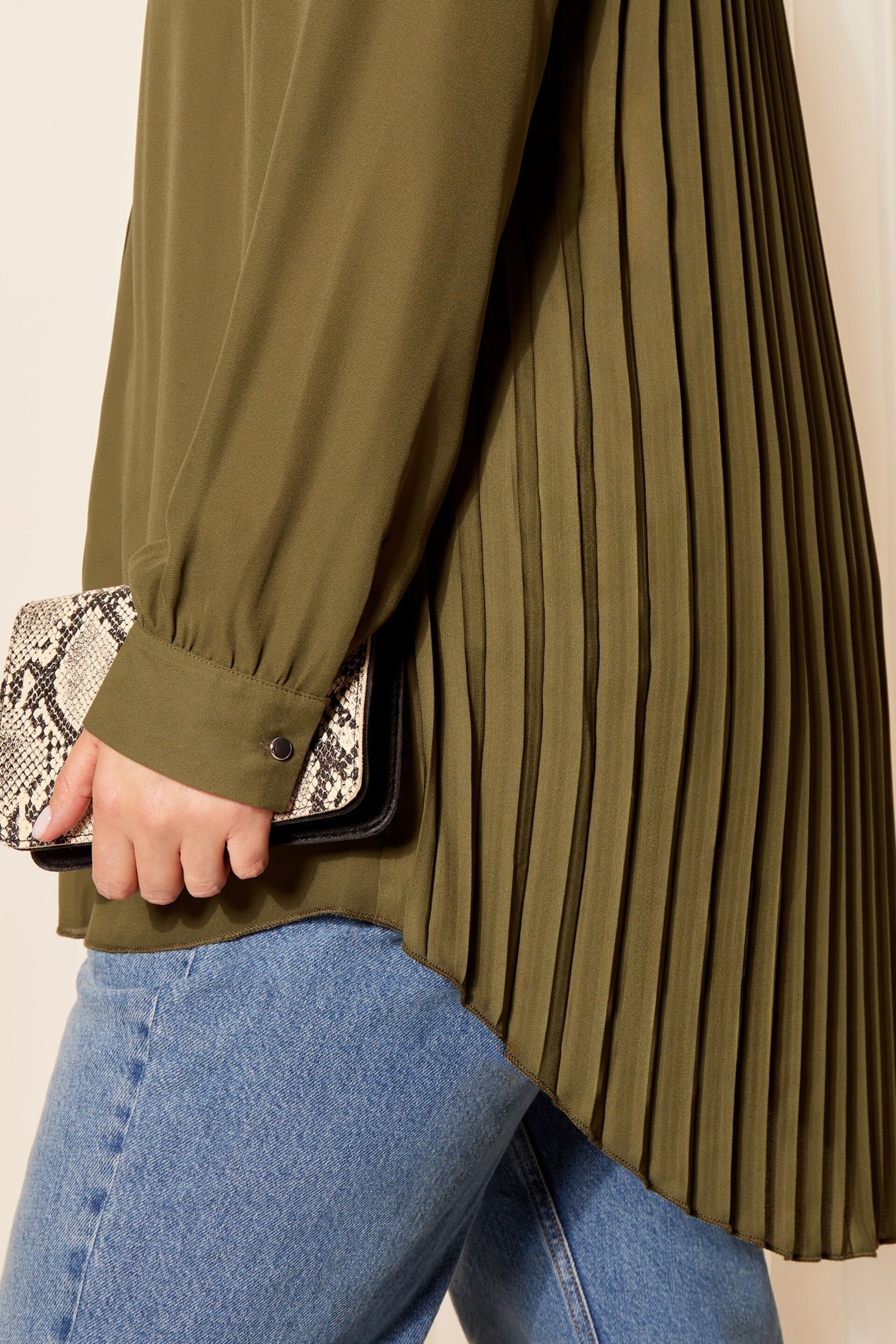 Curves Like These Khaki Green Pleated Back Button Through Shirt - Image 4 of 4