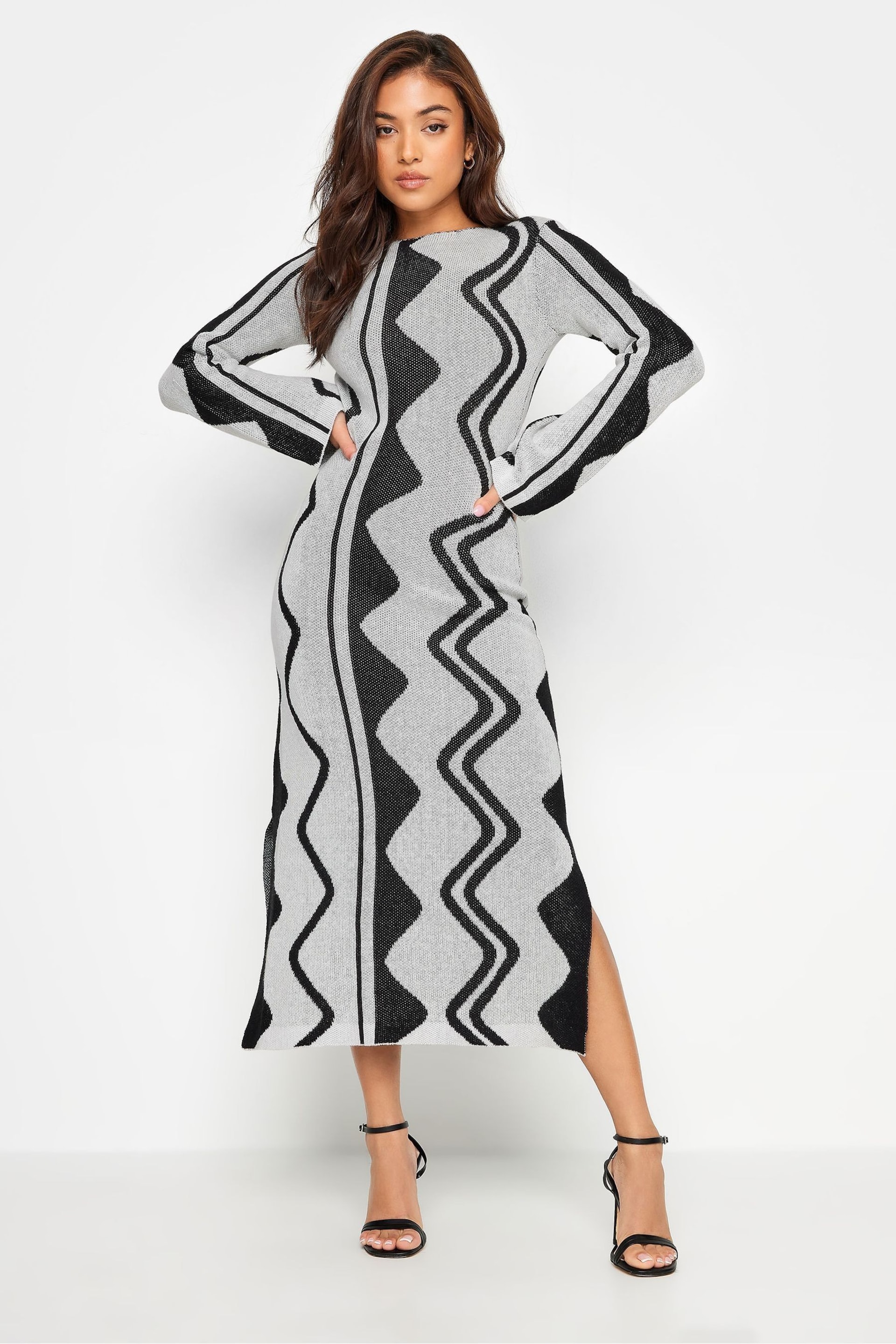 PixieGirl Petite Grey/Black Abstract Knitted Maxi Dress - Image 2 of 5