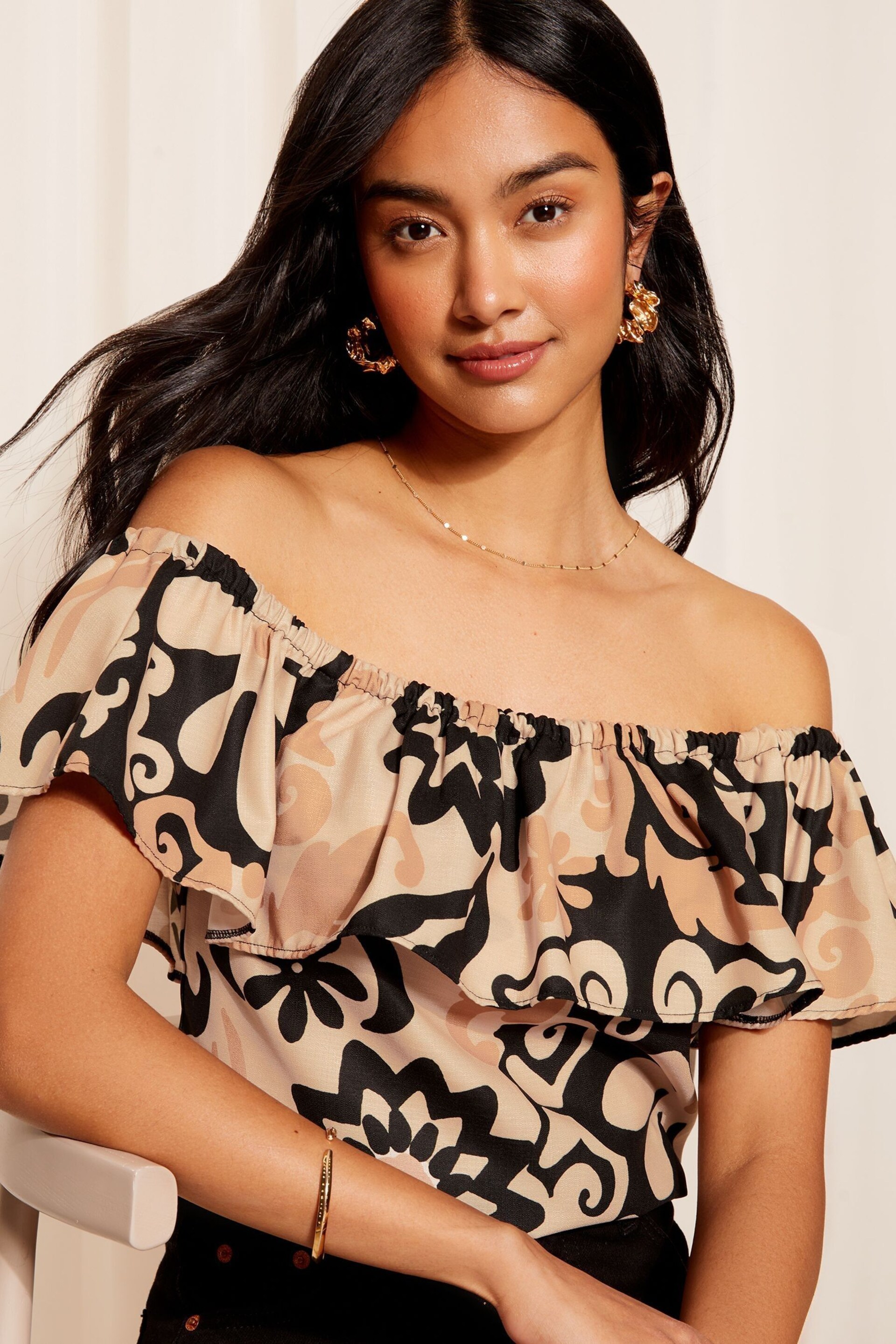 Friends Like These Palm Print Airflow Ruffle Linen Look Bardot Blouse - Image 1 of 4