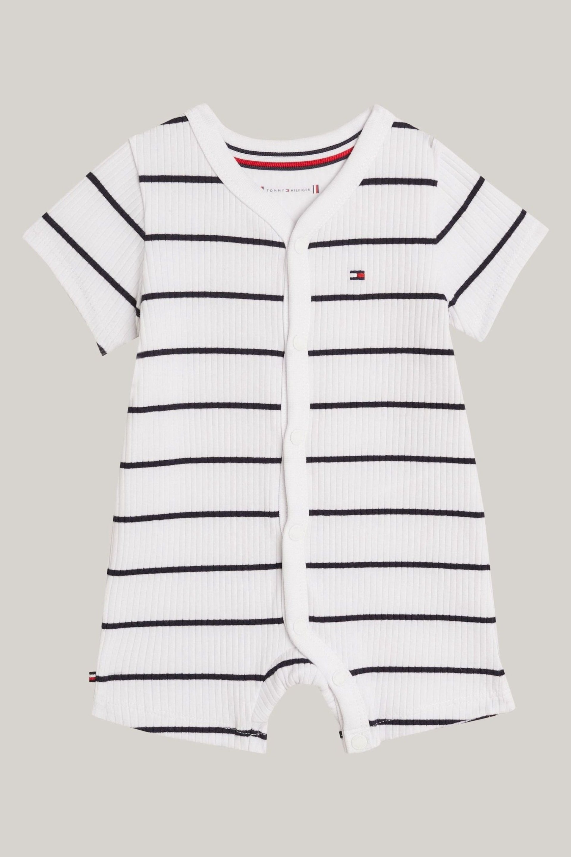 Tommy Hilfiger Baby Blue Striped Rib Shortall All In One - Image 1 of 3