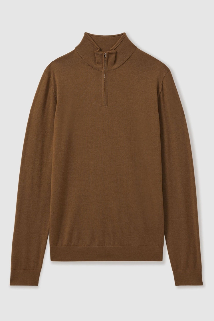 Reiss Tobacco Brown Maxwell Merino Wool Half-Zip Polo Shirt - Image 2 of 6