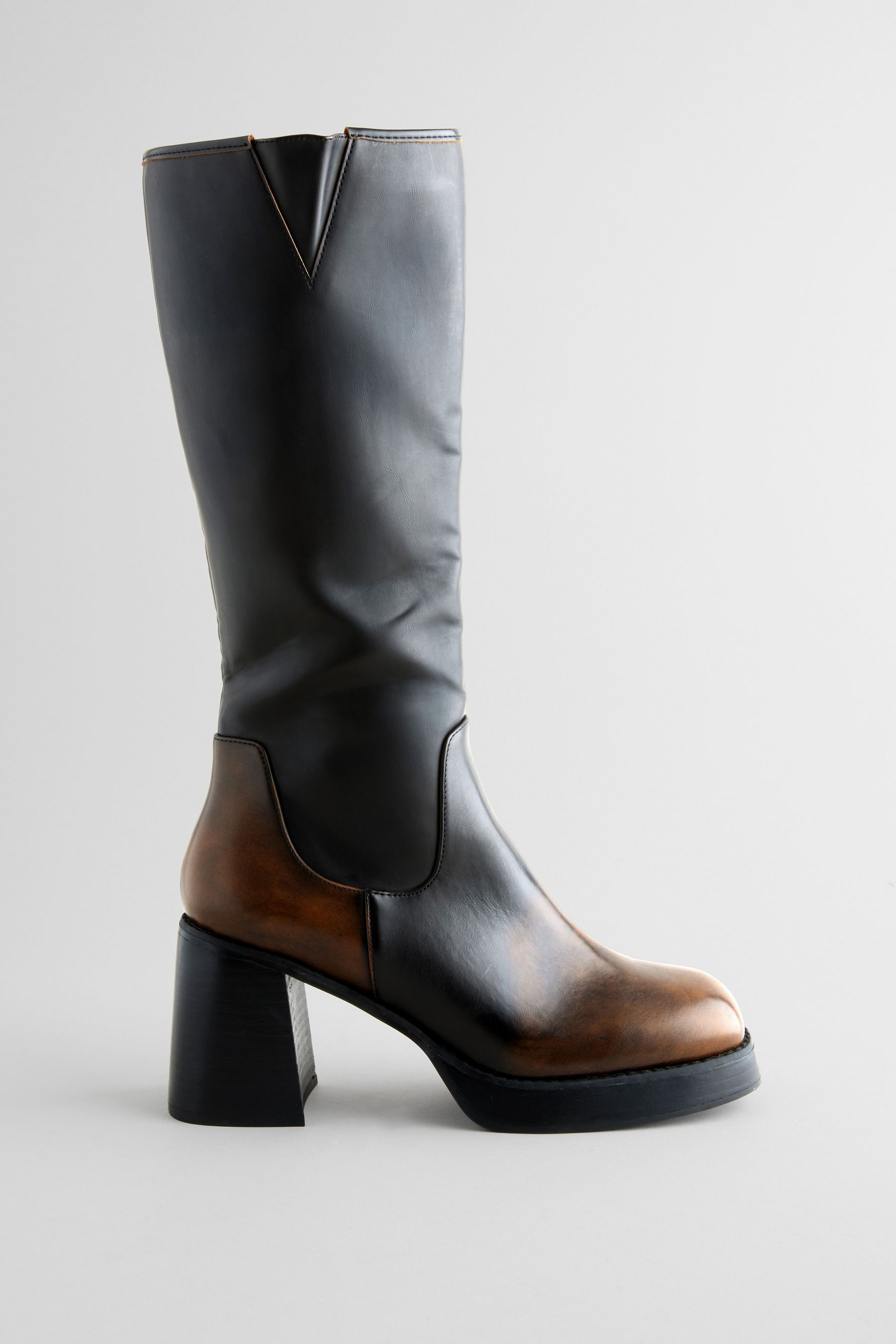 Chocolate Brown Square Toe Forever Comfort Chunky Knee High Block Heeled Boots