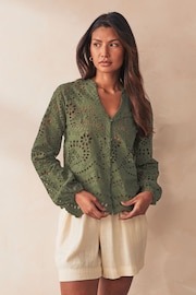 ONLY Green Broderie Long Sleeve Button Up Blouse - Image 1 of 2