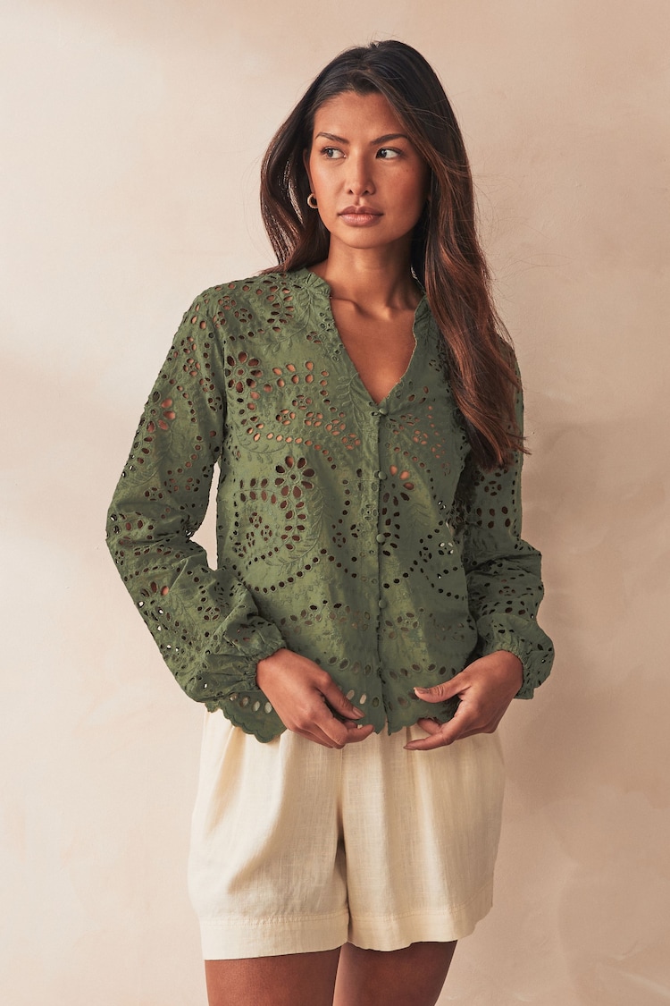 ONLY Green 100% Cotton Broderie Long Sleeve Button Up Blouse - Image 1 of 6