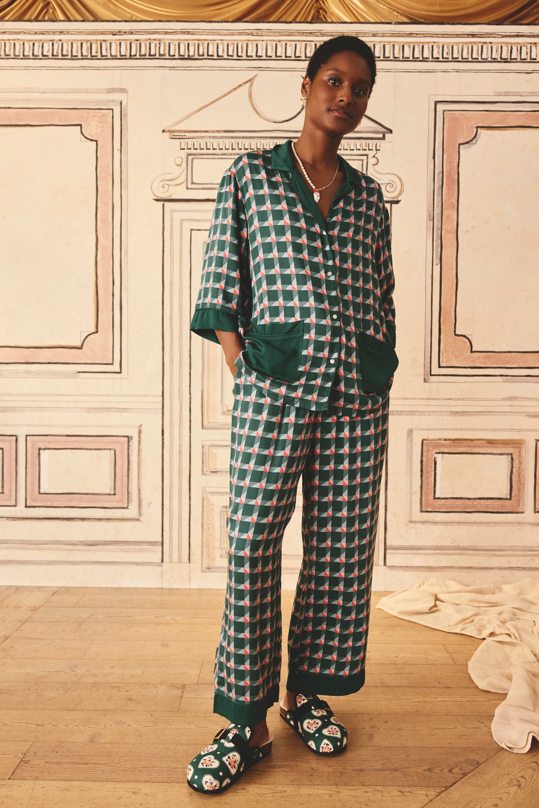 Cath Kidston Green Check Woven Viscose Pyjama Set 18 R Womens