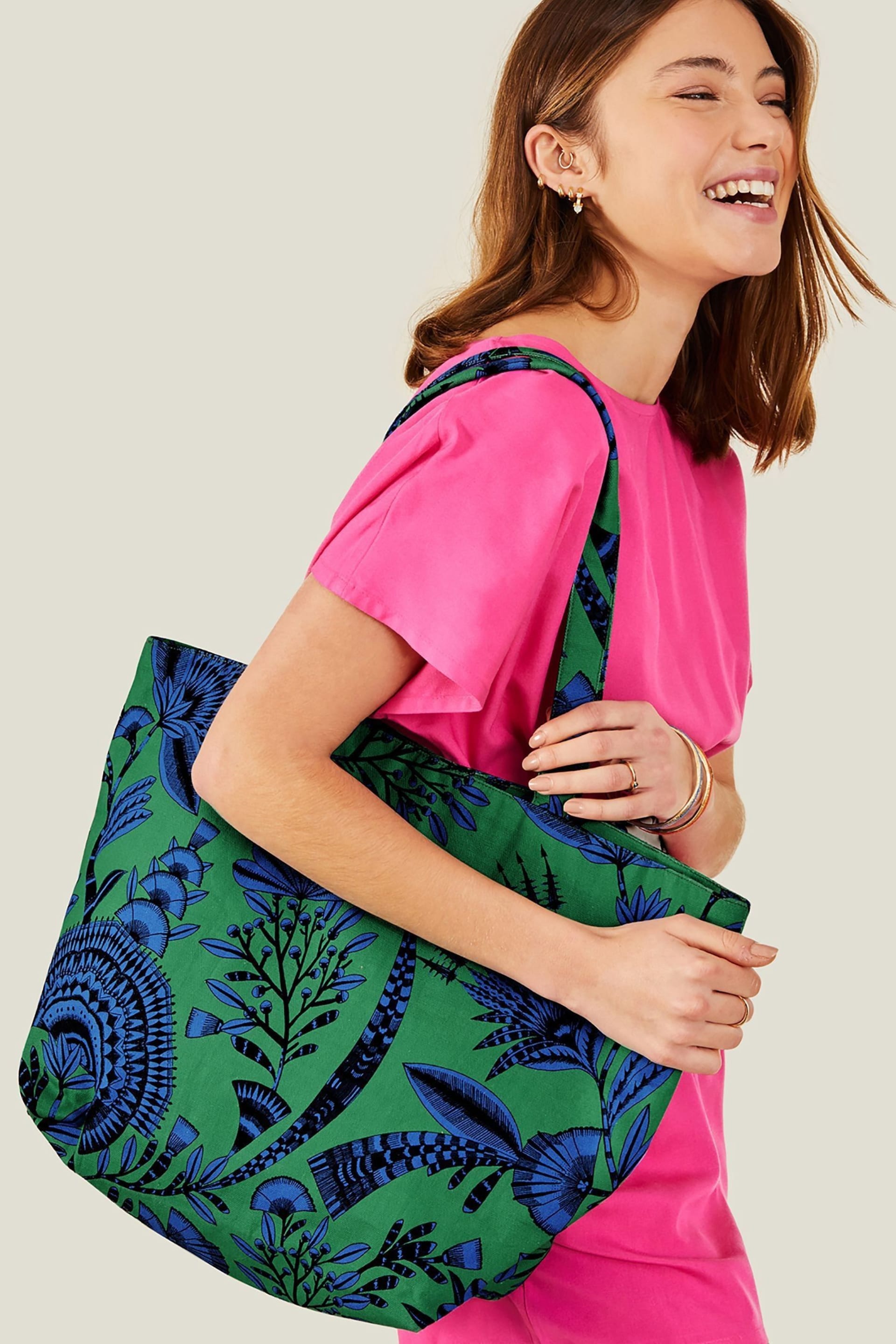 Accessorize Green Canvas Fan Print Shopper - Image 1 of 4